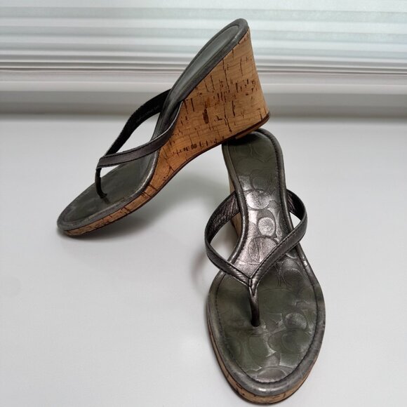 Coach Metallic Silver Leather and Cork Wedge Sandals Size 8.5 - Picture 1 of 8